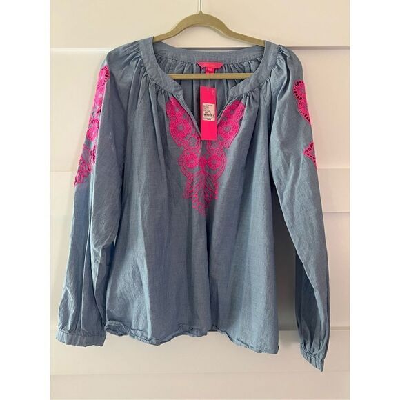 New Lilly Pulitzer Blue Chambray Hot Pink Amabella Embroidered Top - Picture 2 of 7